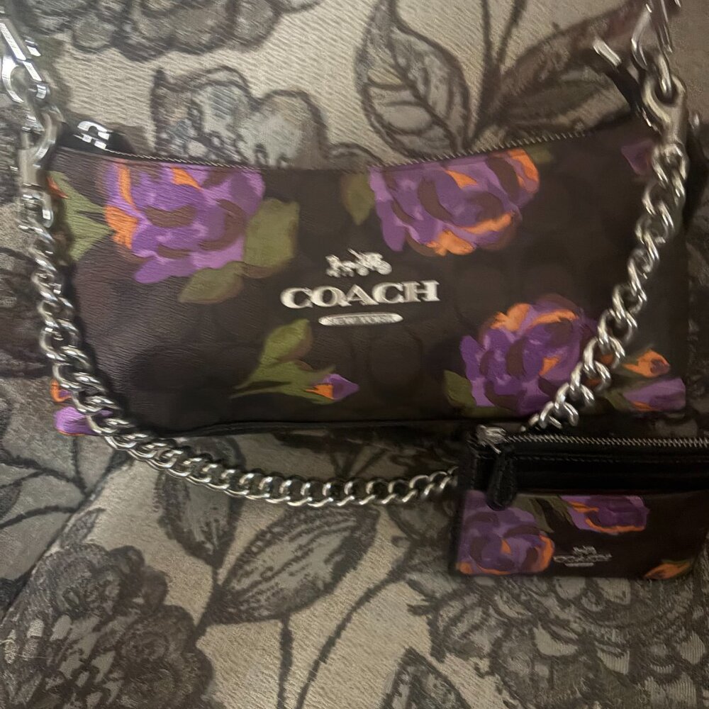 Coach Brown Leather Shoulder Bag with Purple and Orange Floral Print - Picture 9 of 10